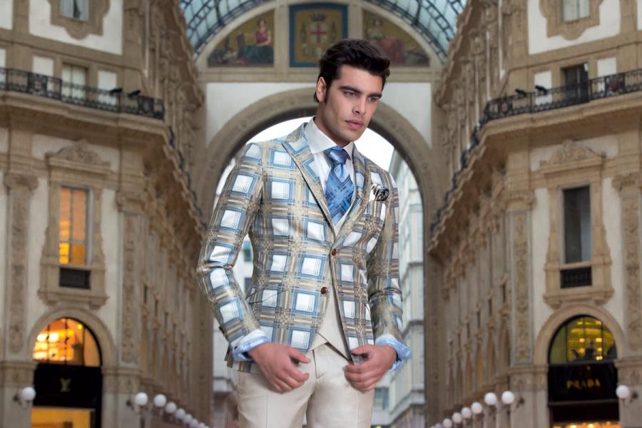 Tartan suspenders pearl grey and midnight blue glamour men’s suit tartan gold havana 100% made in Italy by Cleofe Finati