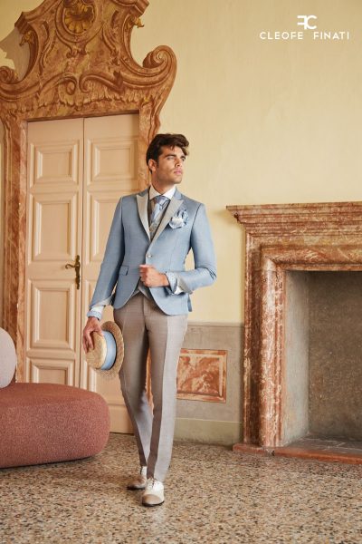 Glamorous luxury men’s suit beige light blue 100% made in Italy by Cleofe Finati