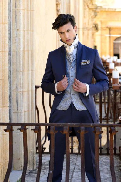 Man walking stick classic wedding suit navy blue100% made in Italy by Cleofe Finati