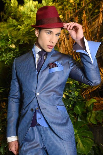 Blues man hat classic sky blue wedding suit 100% made in Italy by Cleofe Finati