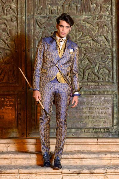 Jewel dandy walking stick glamour men's suit blue gold 100% made in Italy by Cleofe Finati