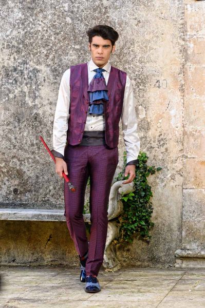 Ascot dandy blue burgundy men’s suit glamour burgundy red maroon 100% made in Italy by Cleofe Finati