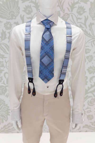 Tartan suspenders pearl grey and midnight blue glamour men’s suit tartan gold havana 100% made in Italy by Cleofe Finati