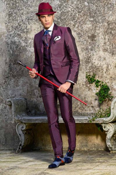 Brown suspenders glamour men’s suit burgundy red maroon 100% made in Italy by Cleofe Finati