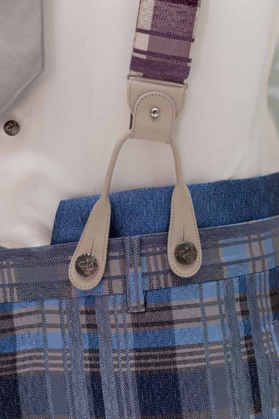 Tartan suspenders glamour men’s suit light blue and blue 100% made in Italy by Cleofe Finati