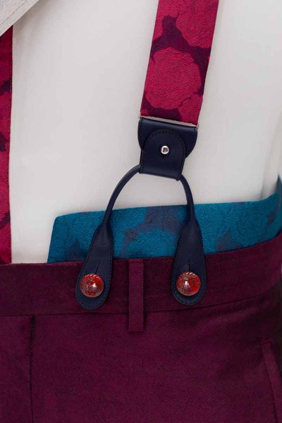 Burgundy suspenders glamour men's suit pomace burgundy turquoise 100% made in Italy by Cleofe Finati