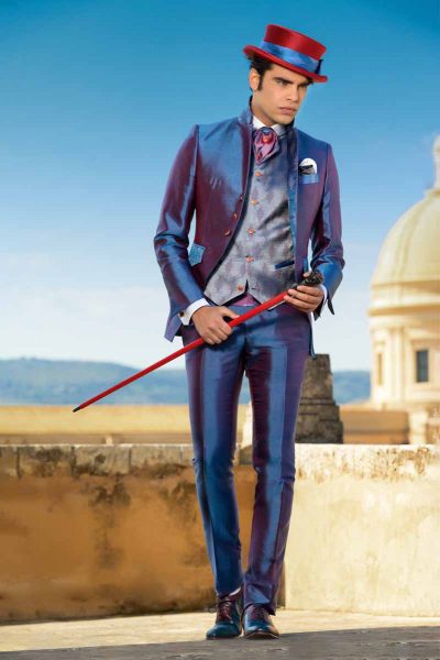 Cerulean pomace and pearl grey suspenders glamour blue burgundy men's suit 100% made in Italy by Cleofe Finati