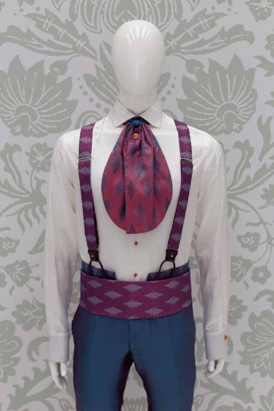 Cerulean pomace and pearl grey suspenders glamour blue burgundy men's suit 100% made in Italy by Cleofe Finati