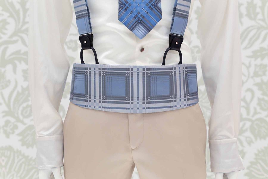 Belt band in pearl grey and light blue fabric glamour men’s suit tartan gold havana 100% made in Italy by Cleofe Finati