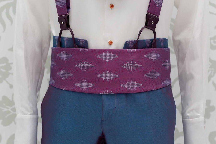 Fabric band belt in cerulean pomace and pearl grey fabric glamour men’s suit blue burgundy 100% made in Italy by Cleofe Finati
