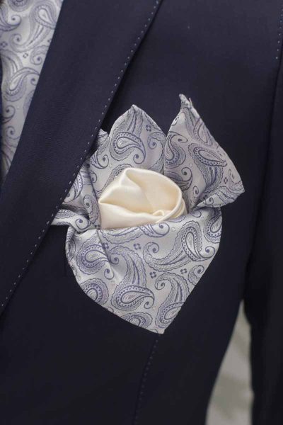 Doppio fazzoletto pochette ceruleo bianco abito da sposo classico blu navy made in Italy 100% by Cleofe Finati
