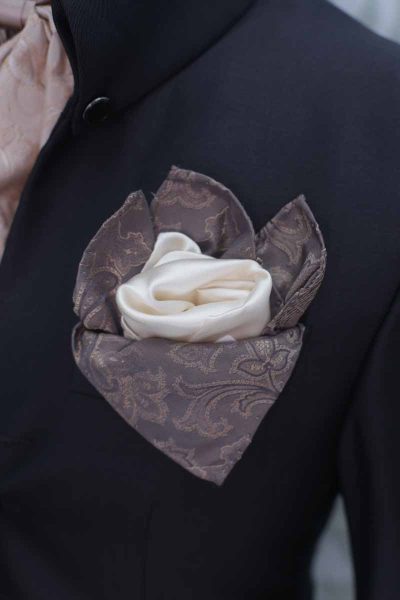 Doppio fazzoletto pochette bianco e marrone dorato abito da sposo fashion grigio made in Italy 100% by Cleofe Finati