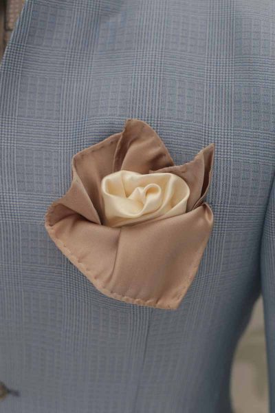 Double golden beige and white pocketchief classic blue dusty wedding suit 100% made in Italy by Cleofe Finati
