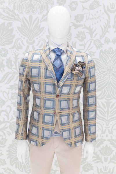 Double pocketchief blue gold sand glamour men’s suit tartan gold havana 100% made in Italy by Cleofe Finati