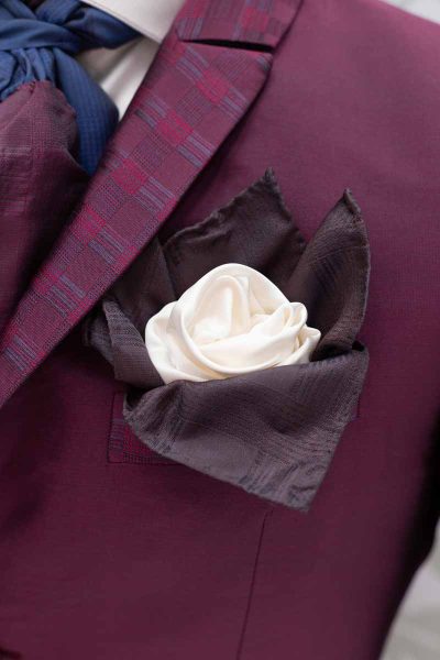 Doppio fazzoletto pochette bianco marrone abito da uomo glamour rosso bordeaux bordò made in Italy 100% by Cleofe Finati