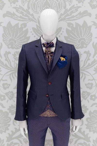 Double pocketchief gold blue glamour men’s suit navy blue 100% made in Italy by Cleofe Finati