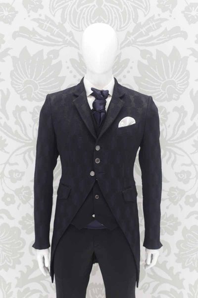 Classic wedding suit jacket tail coat line in black brocade 100% made in Italy by Cleofe Finati