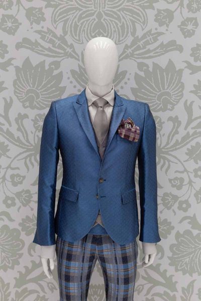 Glamorous luxury men’s suit jacket in light blue and blue 100% made in Italy by Cleofe Finati