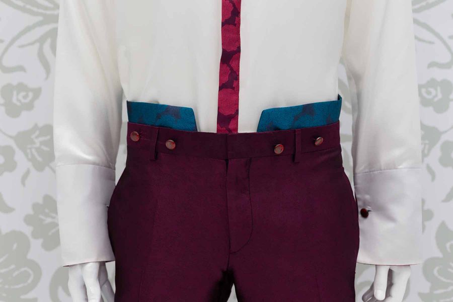 Glamorous men's suit trousers in pomace burgundy turquoise 100% made in Italy by Cleofe Finati
