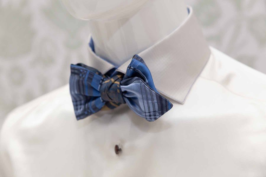Green light blue gold and blue pointed bow tie glamour tartan gold havana 100% made in Italy by Cleofe Finati