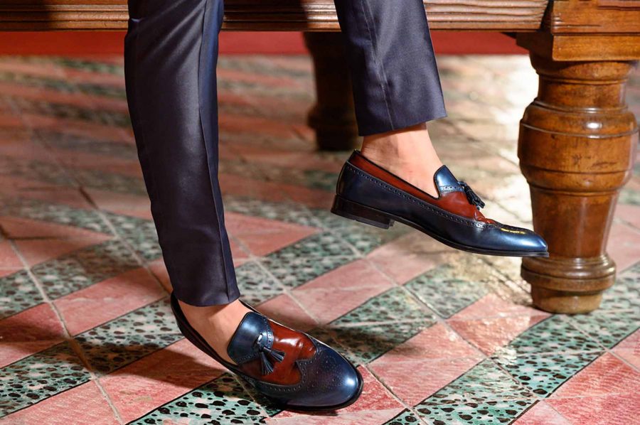 Scarpe stringate blu metallo e barolo abito da uomo glamour piombo e rosso made in Italy 100% by Cleofe Finati