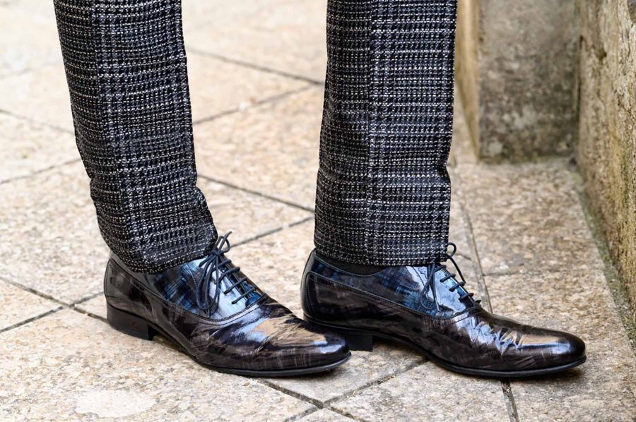 Lace-up shoes in black grey and metal blue glamour men’s suit black blue 100% made in Italy by Cleofe Finati