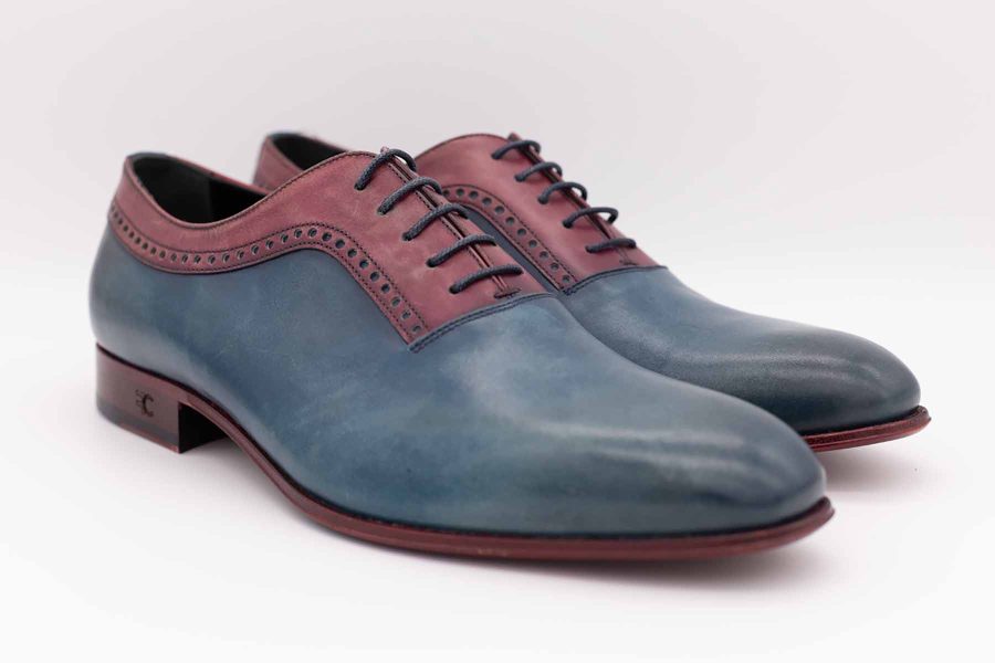 Blue and Barolo lace-up shoes, burgundy blue glamour men’s suit 100% made in Italy by Cleofe Finati