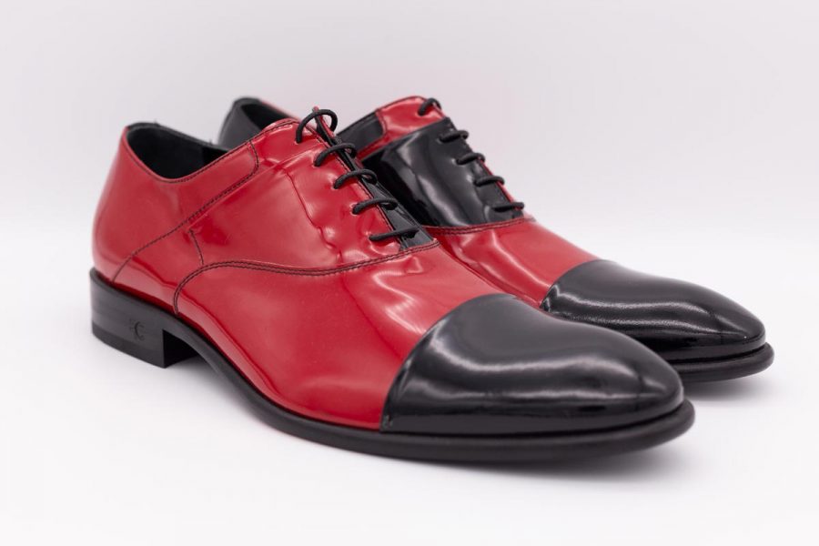 Red and black lace-up shoes glamour men’s suit blue grey 100% made in Italy by Cleofe Finati