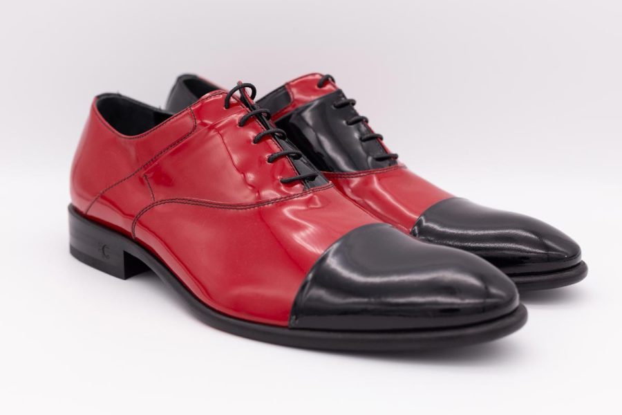 Brown and red lace-up shoes glamour men’s suit grey and red 100% made in Italy by Cleofe Finati