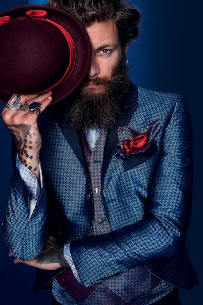 Jacko bowler hat glamour men’s suit light blue and midnight blue 100% made in Italy by Cleofe Finati