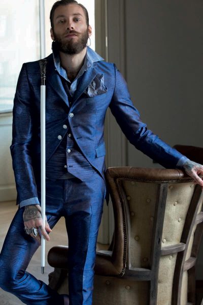 Jewel dandy walking stick glamour men’s suit cobalt blue 100% made in Italy by Cleofe Finati