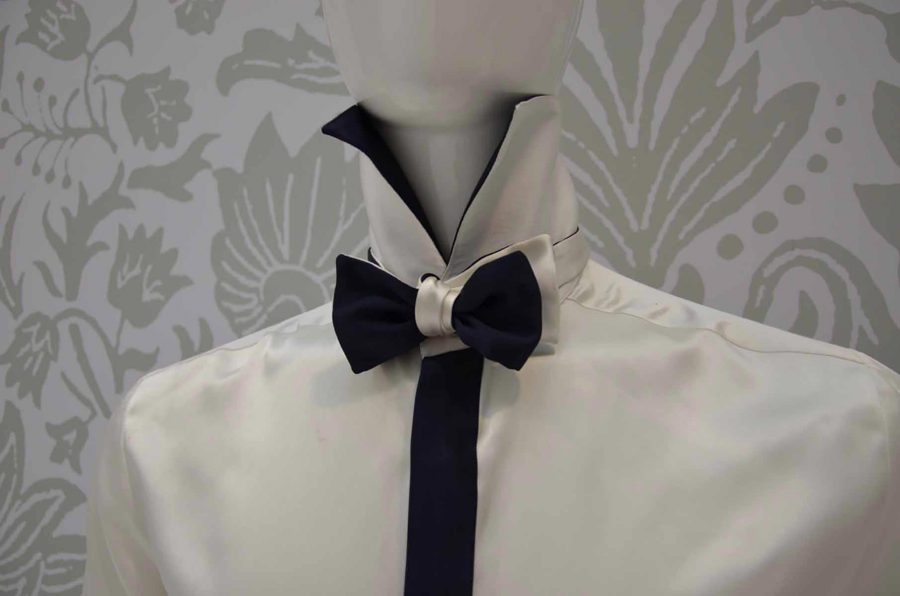 White and midnight blue dandy bow tie glamour men’s suit midnight blue 100% made in Italy by Cleofe Finati