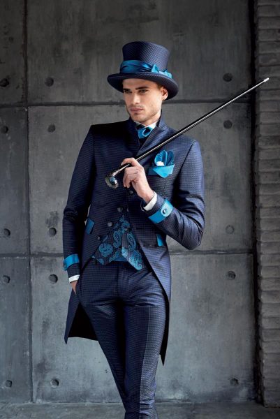 Turquoise suspenders glamour men’s suit anthracite grey and turquoise 100% made in Italy by Cleofe Finati