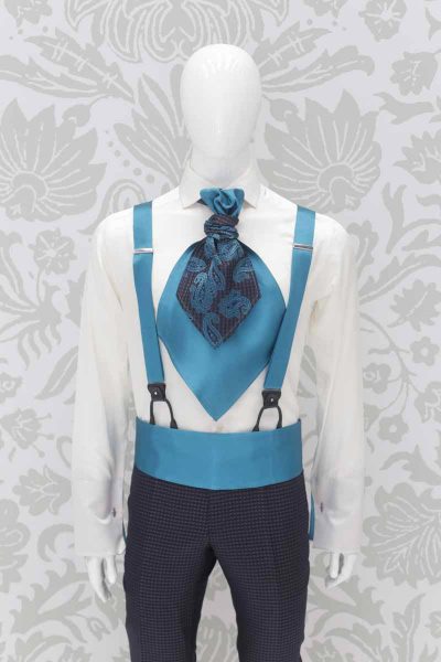 Turquoise suspenders glamour men’s suit anthracite grey and turquoise 100% made in Italy by Cleofe Finati
