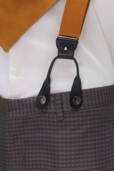 Golden ochre suspenders glamour men’s suit anthracite grey and ochre 100% made in Italy by Cleofe Finati