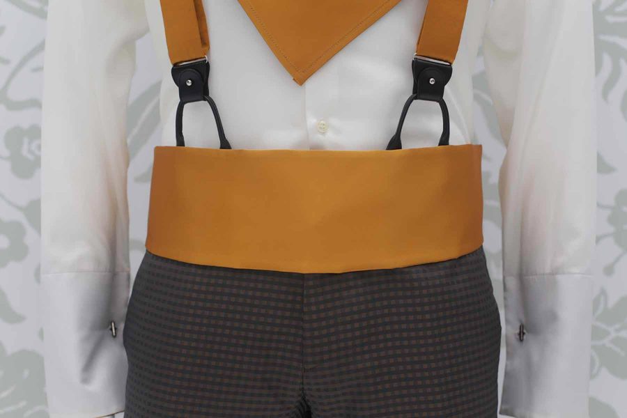 Golden ochre suspenders glamour men’s suit anthracite grey and ochre 100% made in Italy by Cleofe Finati