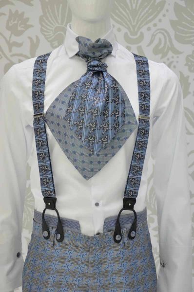 Light blue and black suspenders for a glamorous blue white and black men's suit 100% made in Italy by Cleofe Finati