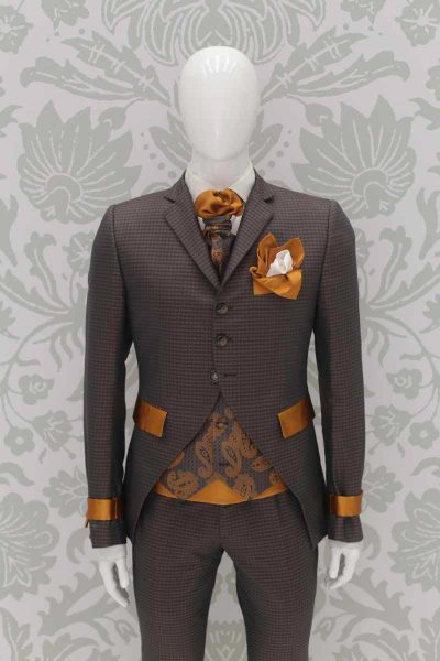 Double pocketchief milk white and golden ochre glamour men's suit anthracite grey and ochre 100% made in Italy by Cleofe Finati