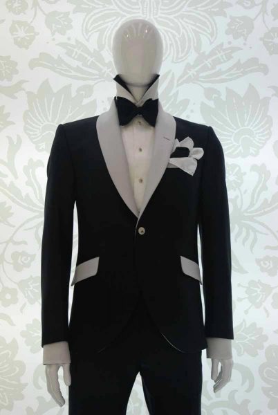 Double pocketchief black white glamour men’s suit black and silver white 100% made in Italy by Cleofe Finati
