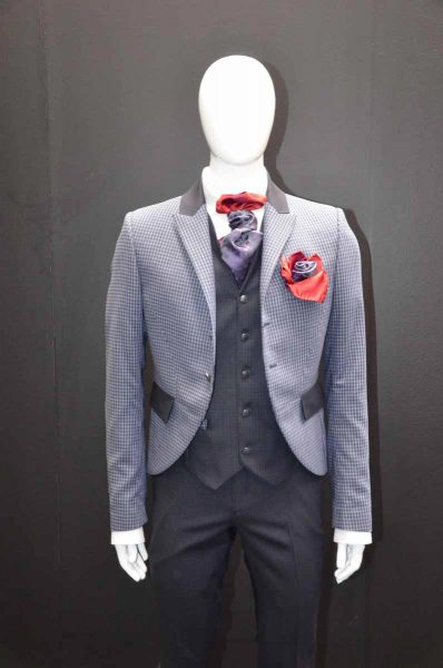 Double pocketchief red grey and purple glamour men’s suit blue grey 100% made in Italy by Cleofe Finati