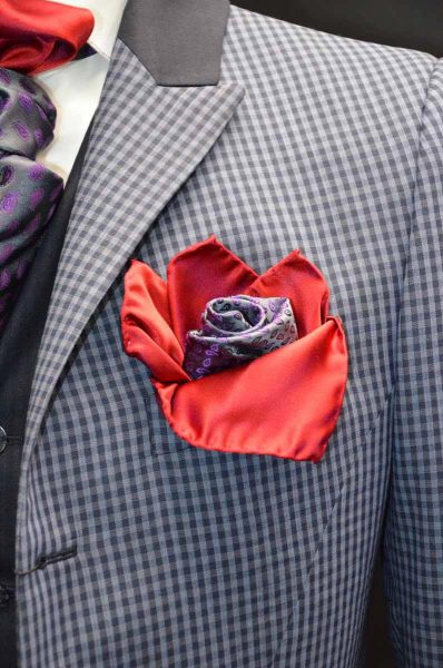 Double pocketchief red grey and purple glamour men’s suit blue grey 100% made in Italy by Cleofe Finati