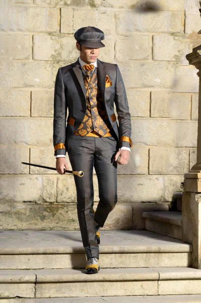 Anthracite grey and golden ochre glamorous men's suit jacket 100% made in Italy by Cleofe Finati