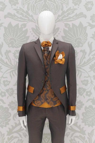 Glamorous luxury chequered man suit in anthracite grey ochre gold 100% made in Italy by Cleofe Finati