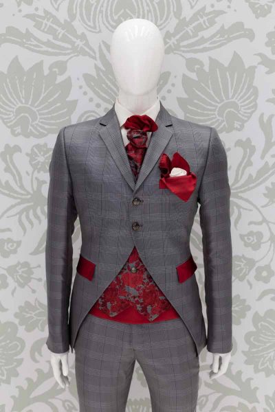 Glamorous luxury Prince of Wales grey red men’s suit 100% made in Italy by Cleofe Finati