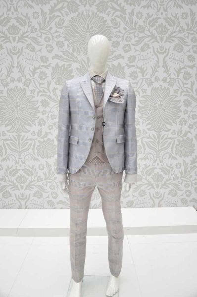Glamour men’s suit Prince of Wales light blue sand and white 100% made in Italy by Cleofe Finati