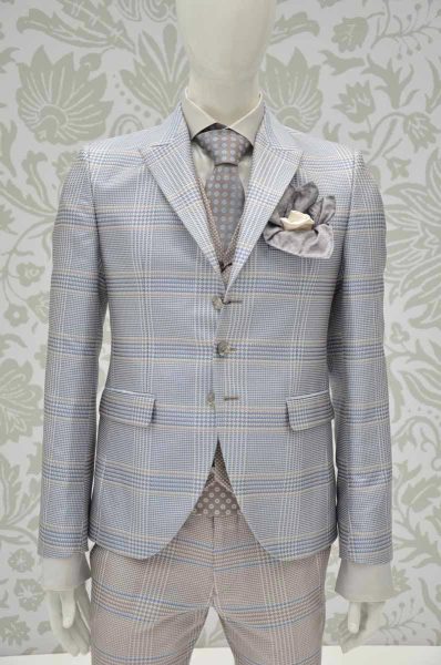 Giacca abito da uomo glamour Principe di Galles azzurro sabbia e bianco made in Italy 100% by Cleofe Finati
