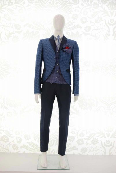 Glamorous luxury men’s suit jacket light blue and midnight blue 100% made in Italy by Cleofe Finati
