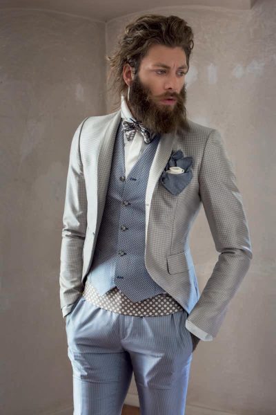 Glamorous luxury men’s suit Vichy white and sand 100% made in Italy by Cleofe Finati