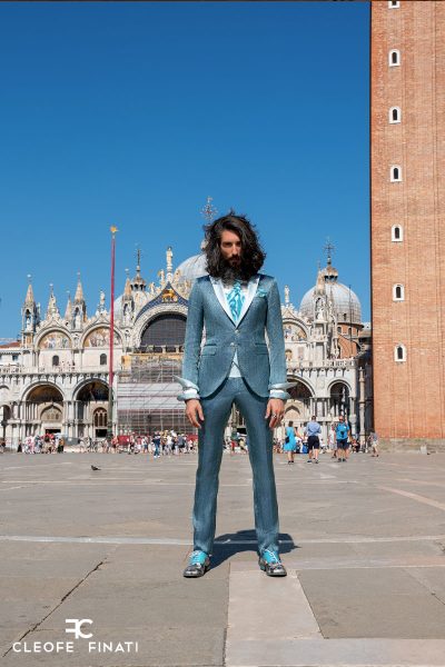 Abito da uomo glamour lusso azzurro, bianco e argento made in Italy 100% by Cleofe Finati