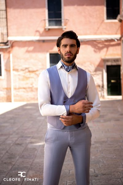 Double bow tie fashion wedding suit blue sky 100% made in Italy by Cleofe Finati